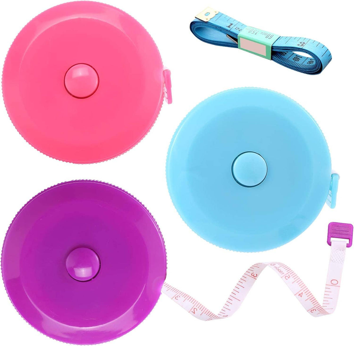 Retractable measuring tape with three colored circular reels and extended white tape