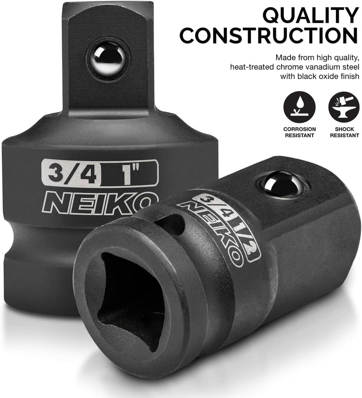 Black impact socket adapter with 3/4 in square drive opening and NEIKO branding