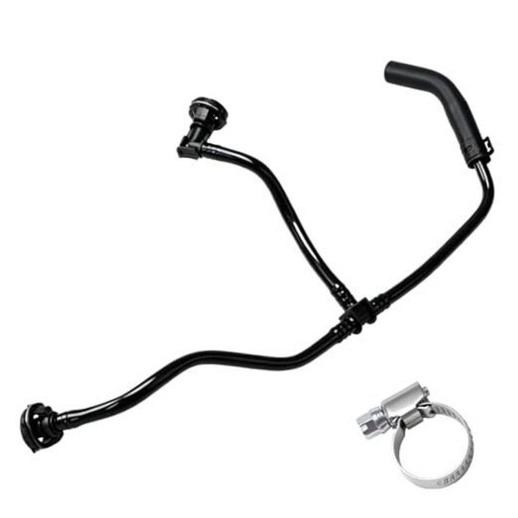 Black coolant breather hose with metal clamp and two mounting fittings