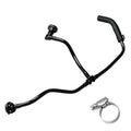 Black coolant breather hose with metal clamp and two mounting fittings