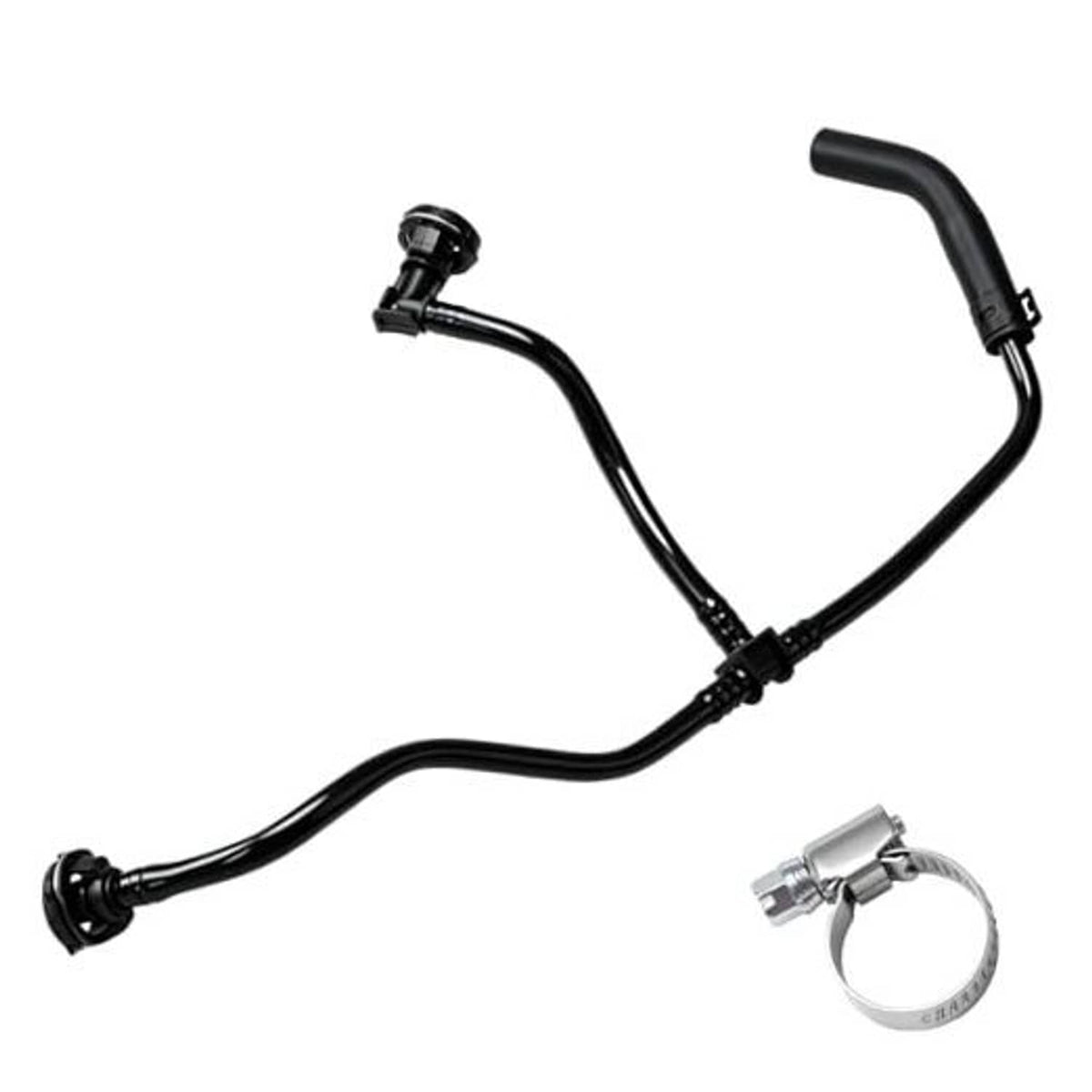 Black coolant breather hose with metal clamp and two mounting fittings
