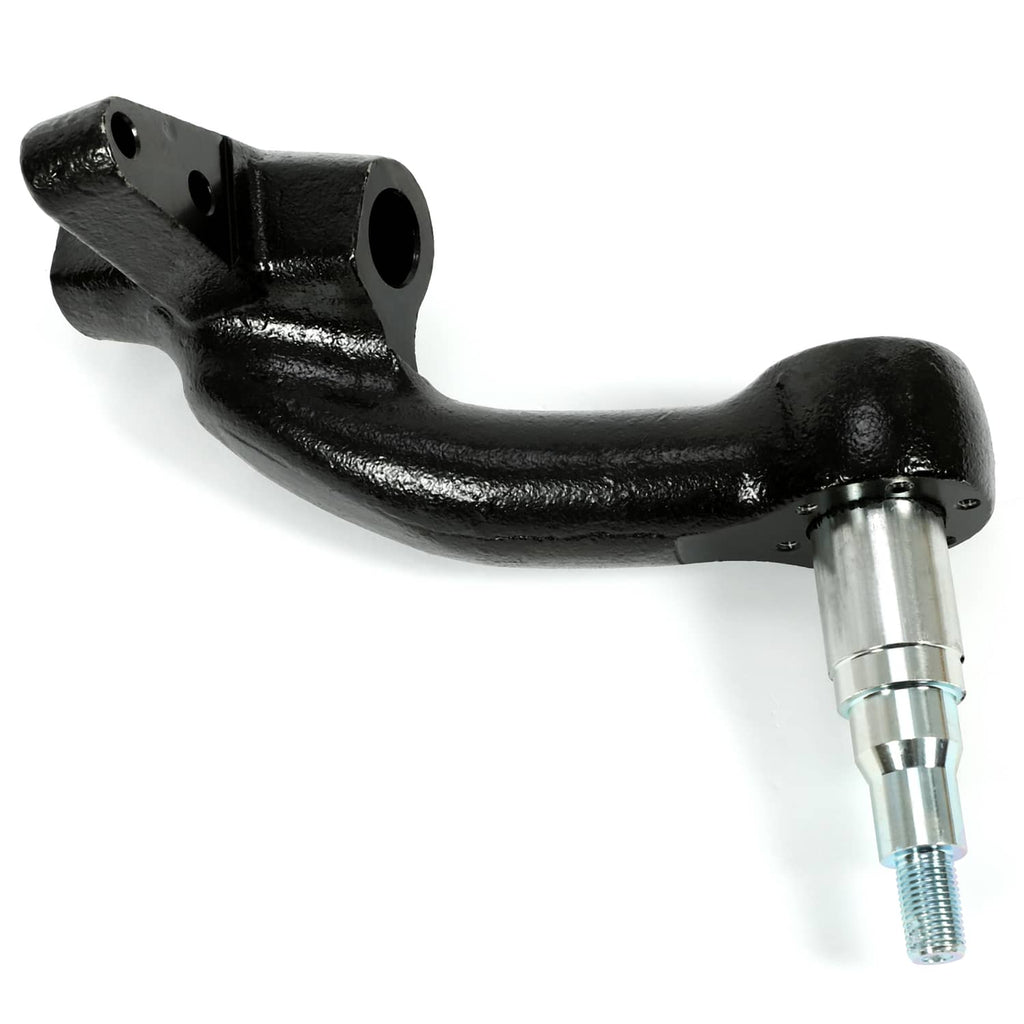 Powder-coated black spindle knuckle with mounting eye and attached silver stud
