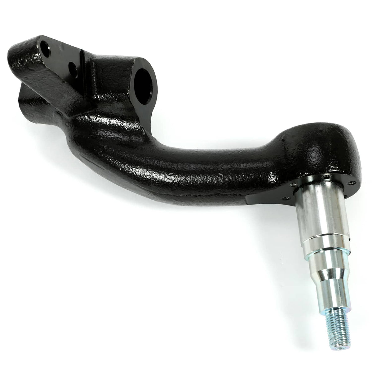 Powder-coated black spindle knuckle with mounting eye and attached silver stud