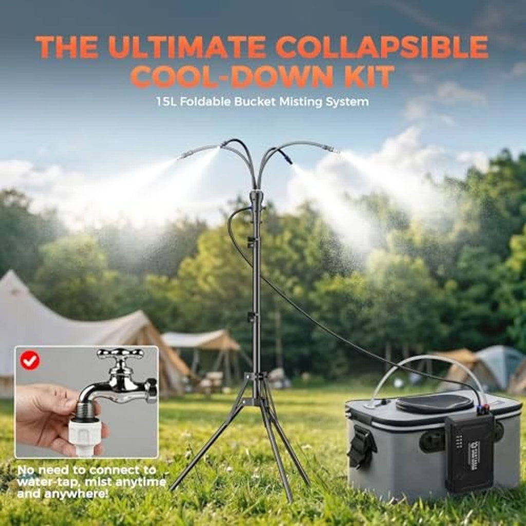 Misting system on tripod with portable gray bucket and visible spray plume