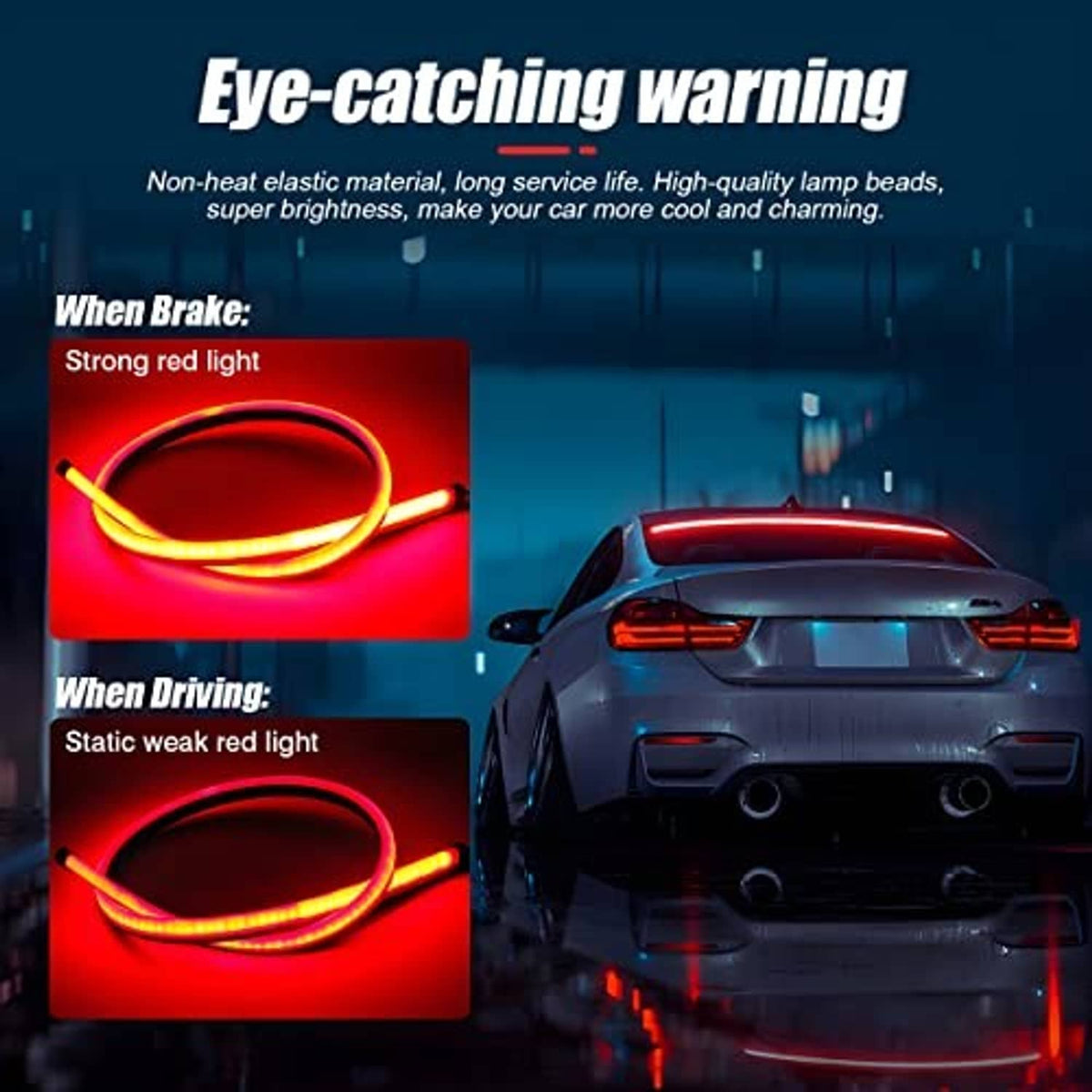 LED brake light strip showing strong red glow at braking with car rear light