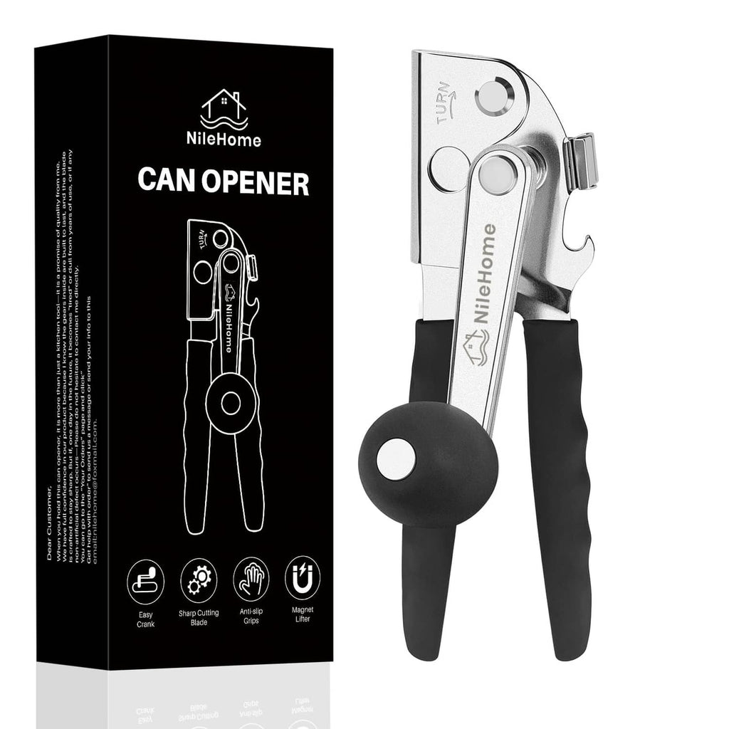 Hand crank can opener with black handles and silver cutting head