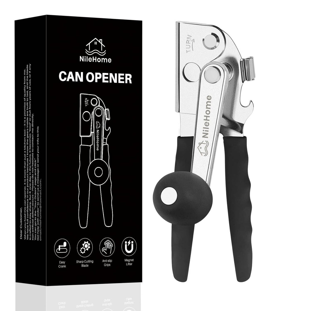 Hand crank can opener with black handles and silver cutting head