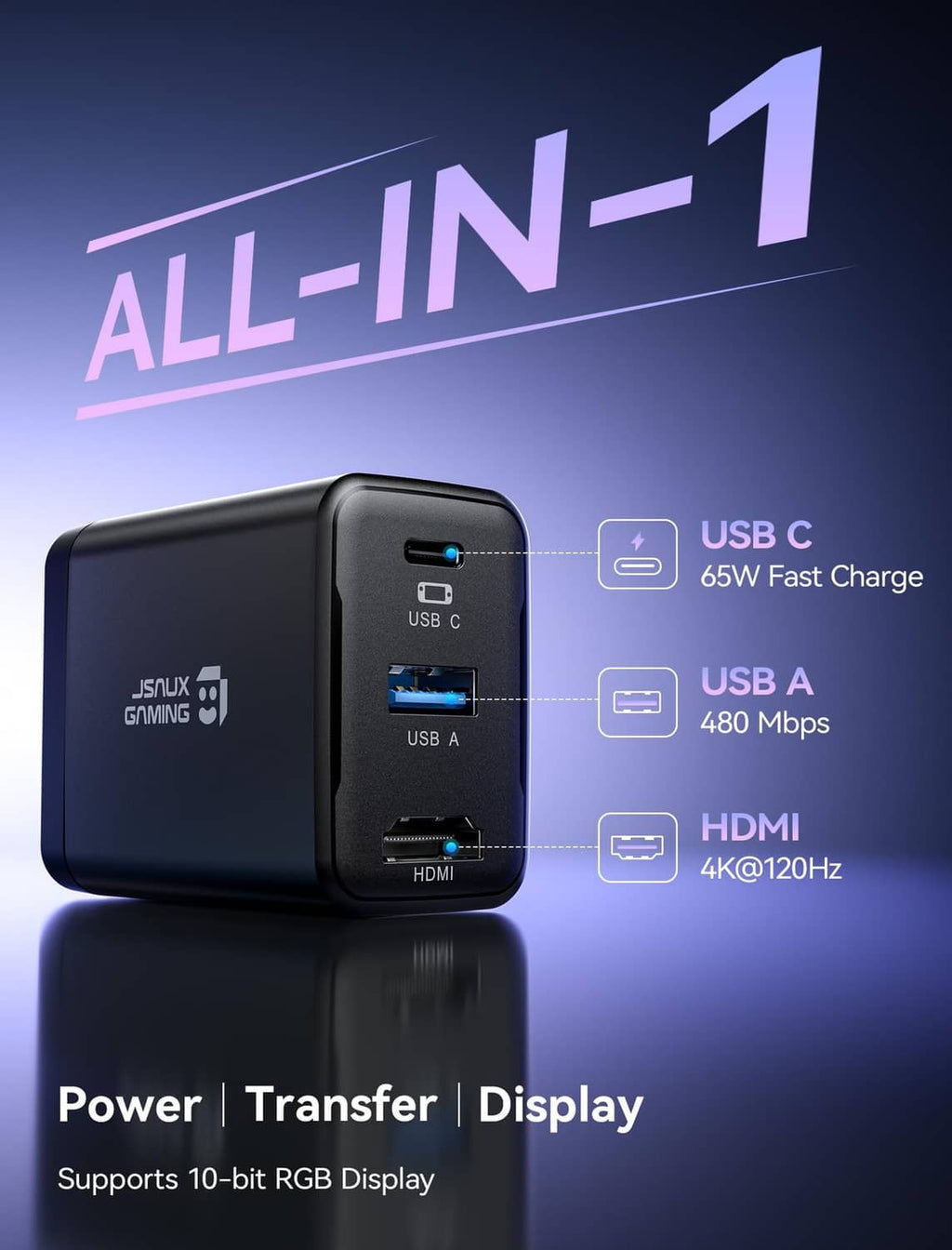Black gaming switch dock with USB-C, USB-A, and HDMI ports on a folding base