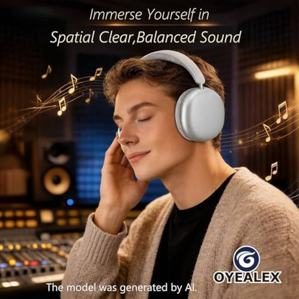 Silver over-ear headphones on a model with padded earcups and adjustable headband