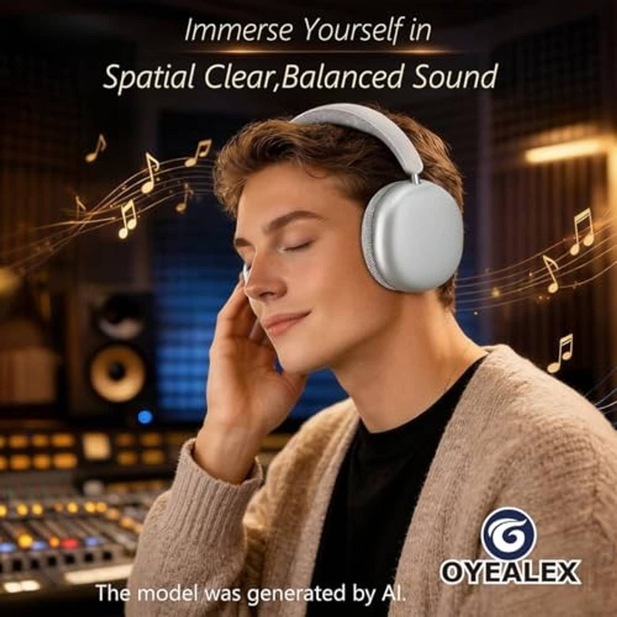 Silver over-ear headphones on a model with padded earcups and adjustable headband