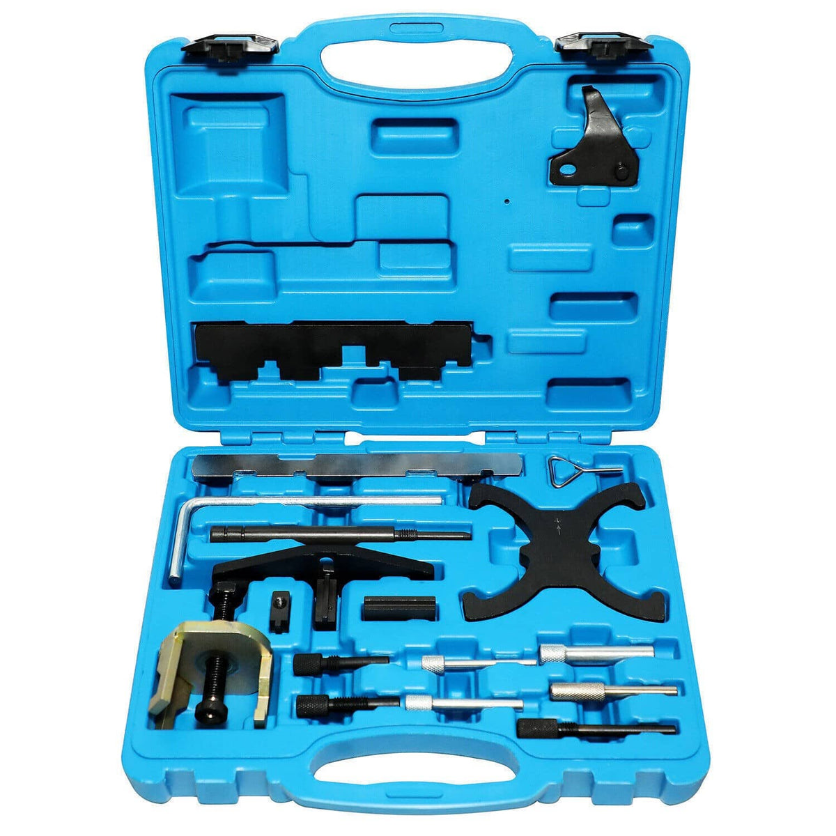 Engine timing tool kit in blue plastic case with metal alignment tools