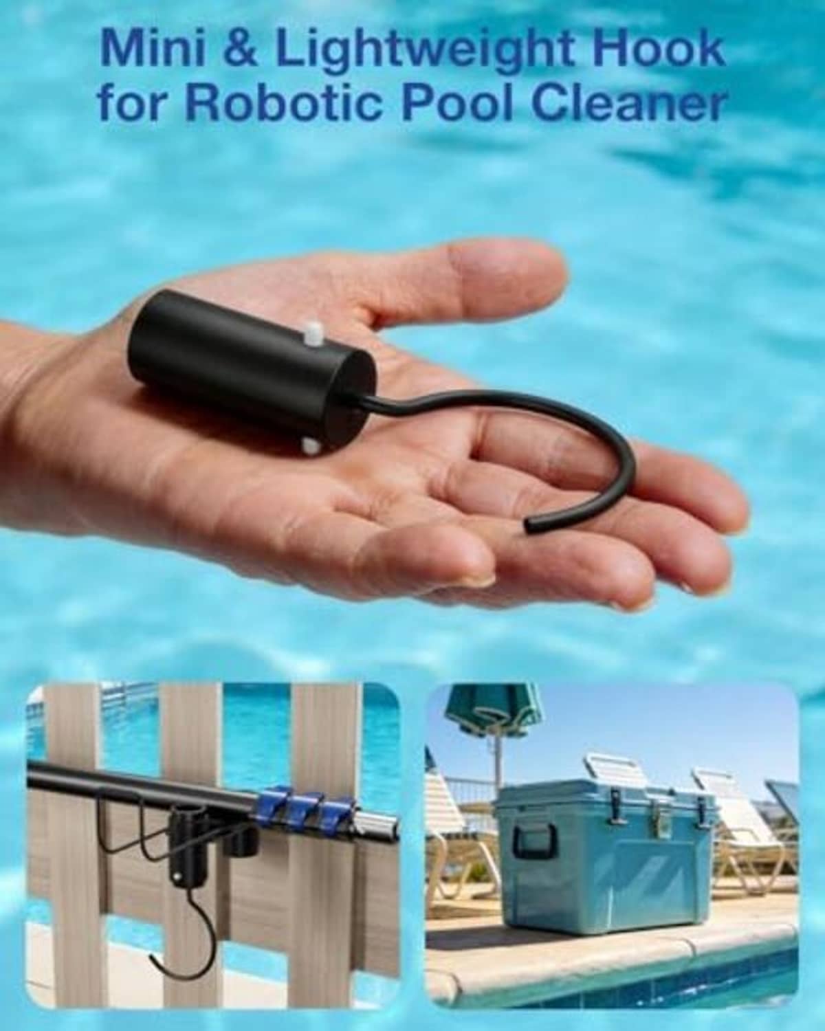 Mini black pool cleaner hook held in hand, curved cord and cylindrical base