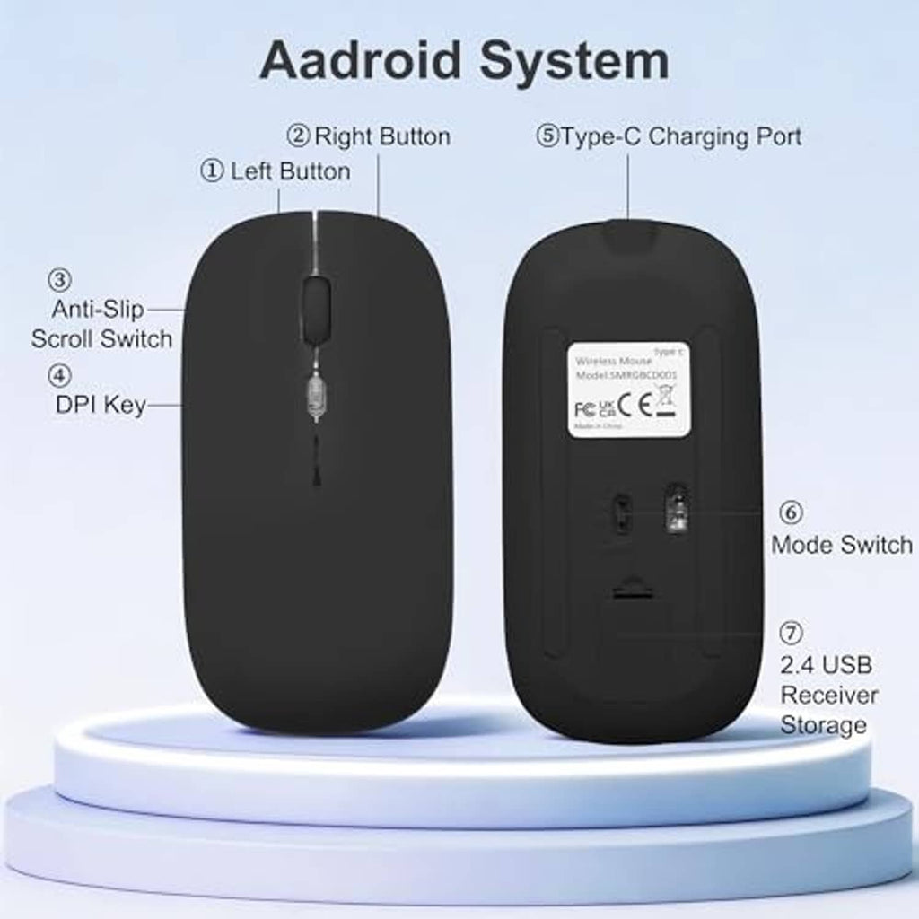 Black wireless mouse with anti-slip design and USB-C charging port