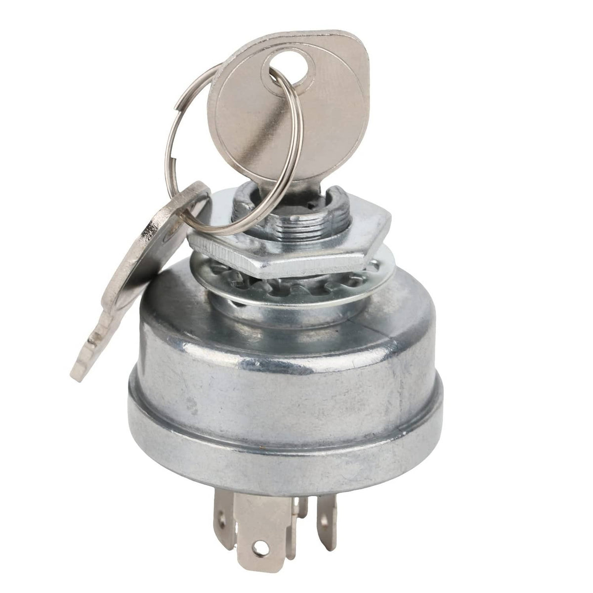 Ignition switch with key ring, metal housing, and threaded mounting stem