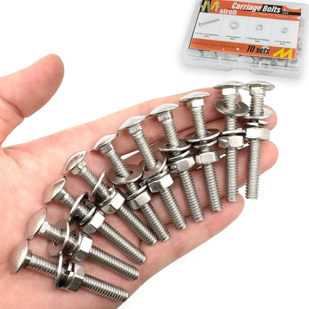 Stainless silver carriage bolts with rounded heads and attached washers in hand
