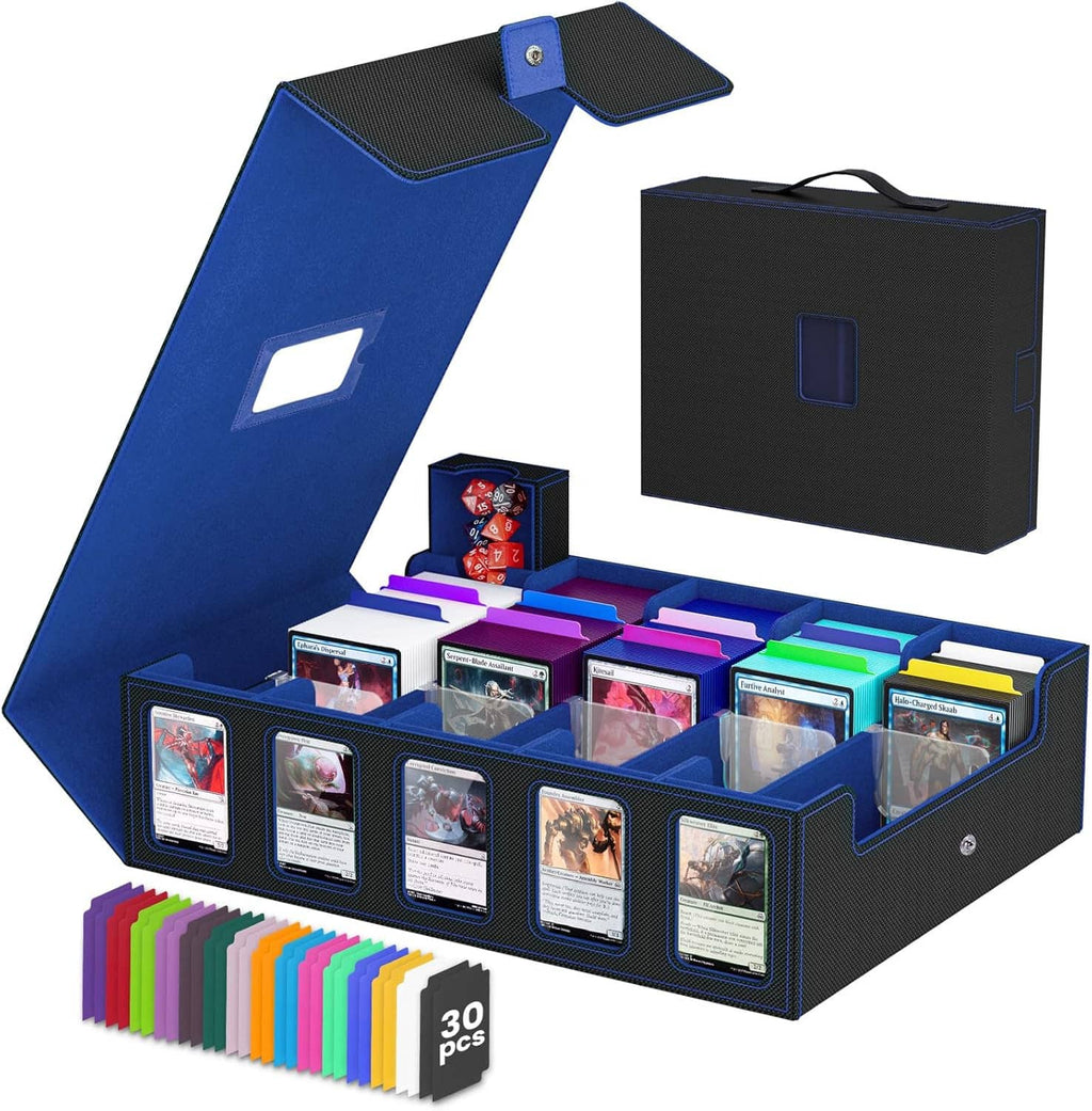 Blue trading card storage box with clear card windows, commander stand, and handle