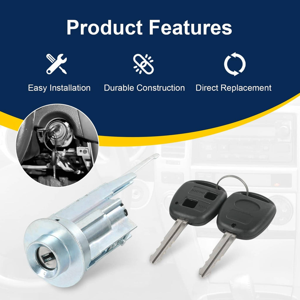 Ignition lock cylinder with two keys, silver cylinder and black key fobs on product card