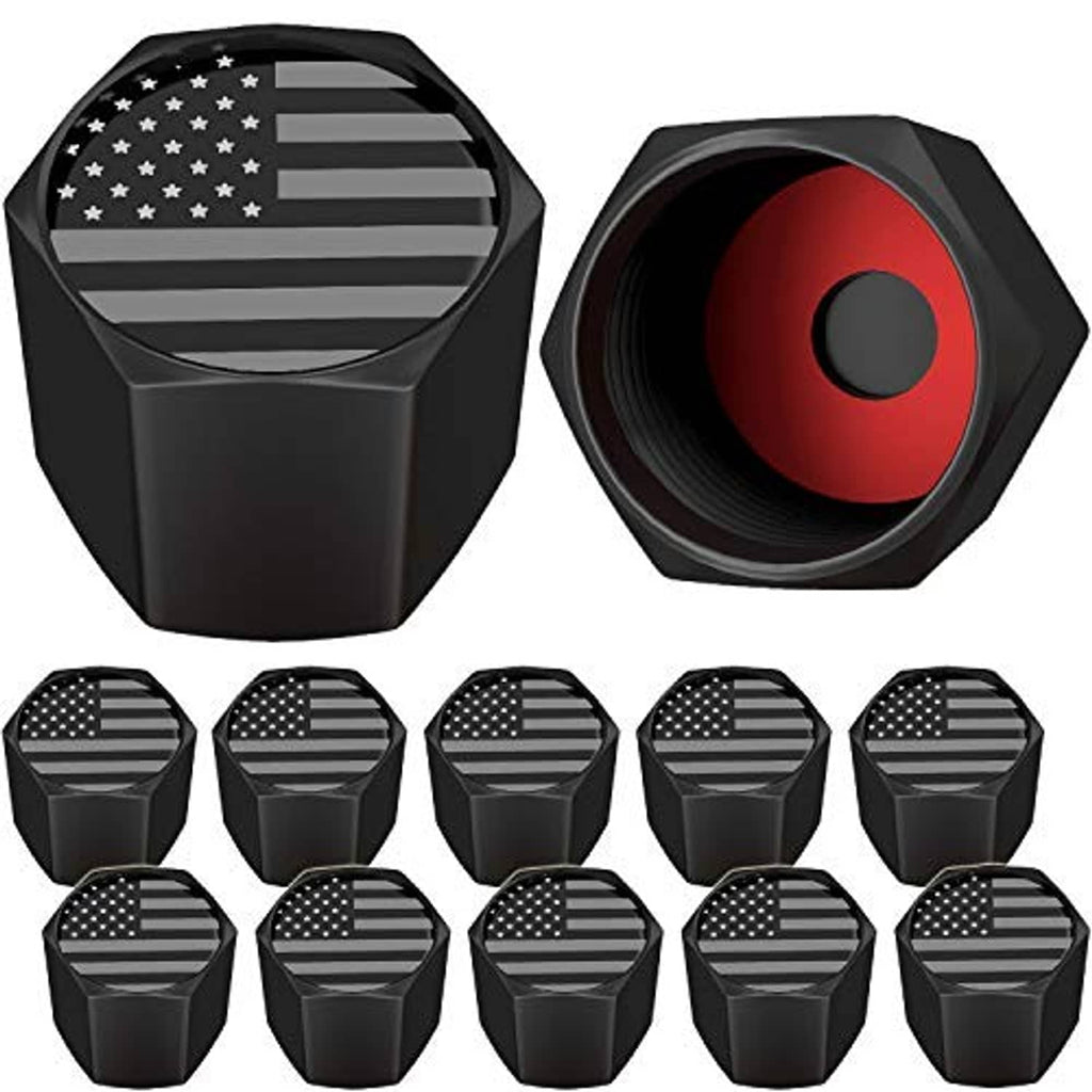 12-pack black tire valve stem caps with American flag pattern and center port