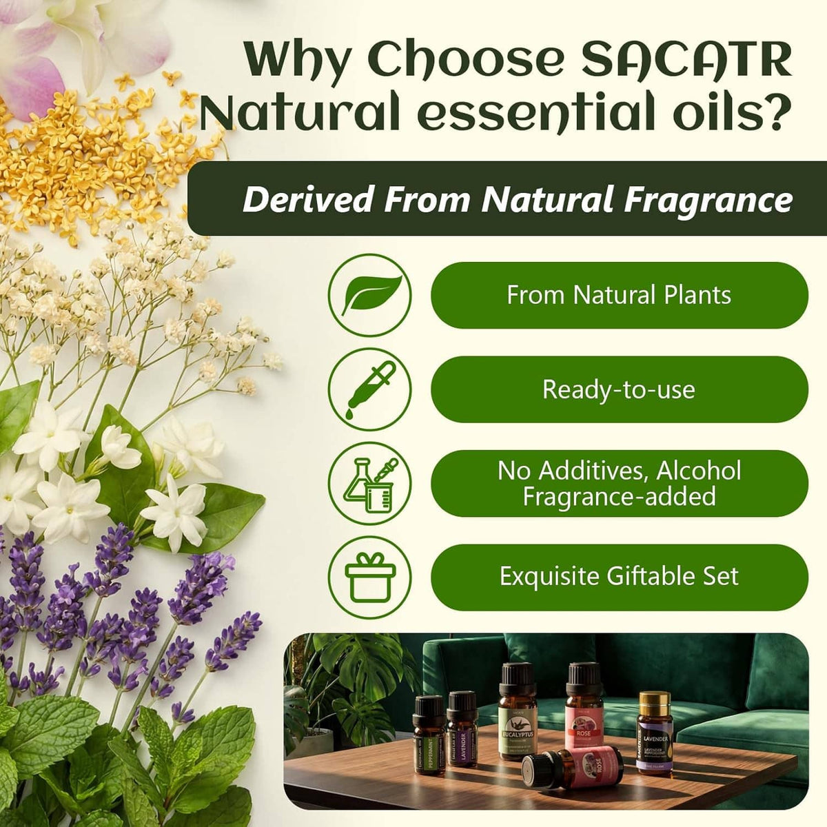 Essential oils gift set infographic card with green checklist icons and plant illustrations