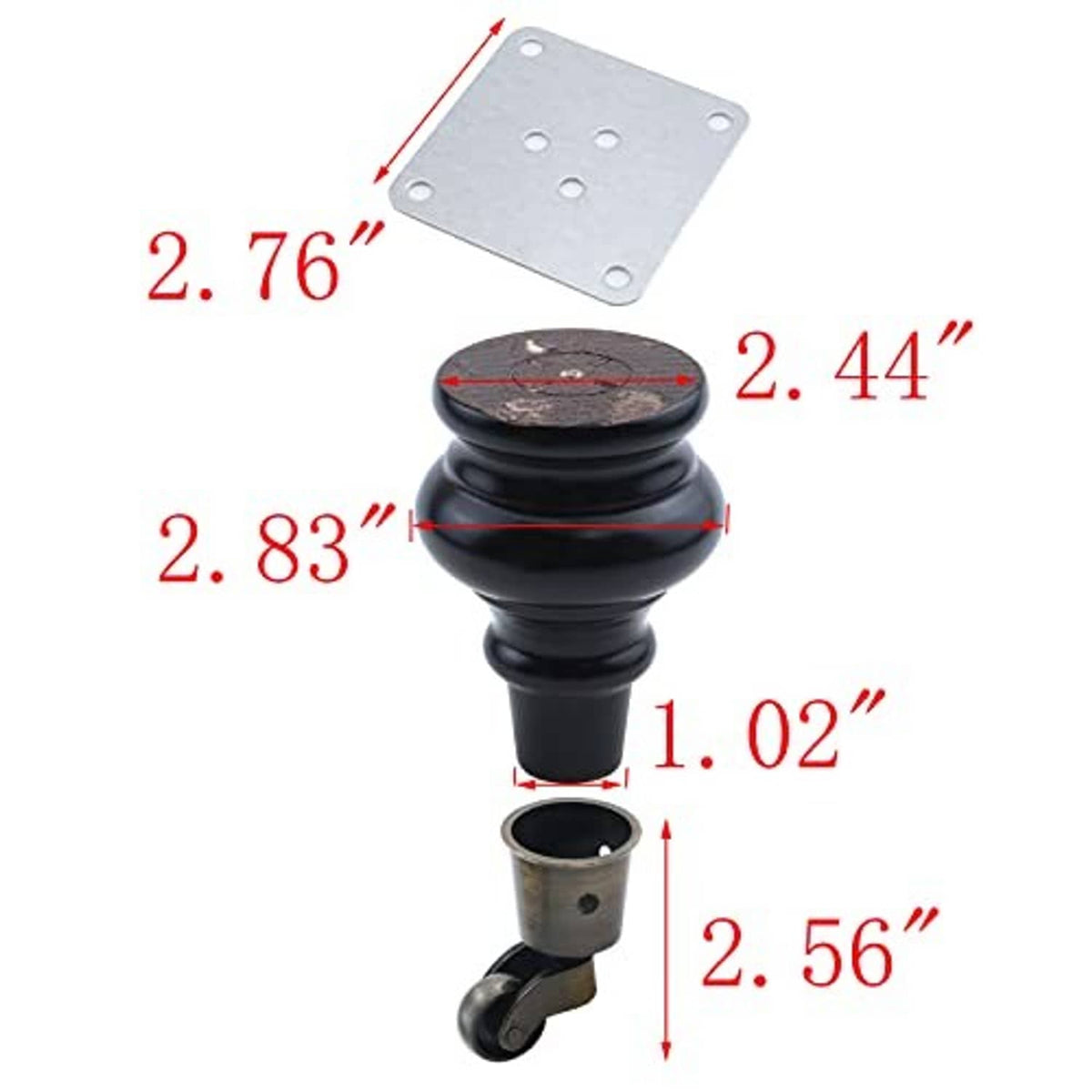 Black furniture leg with caster and mounting plate; overall dimensions shown