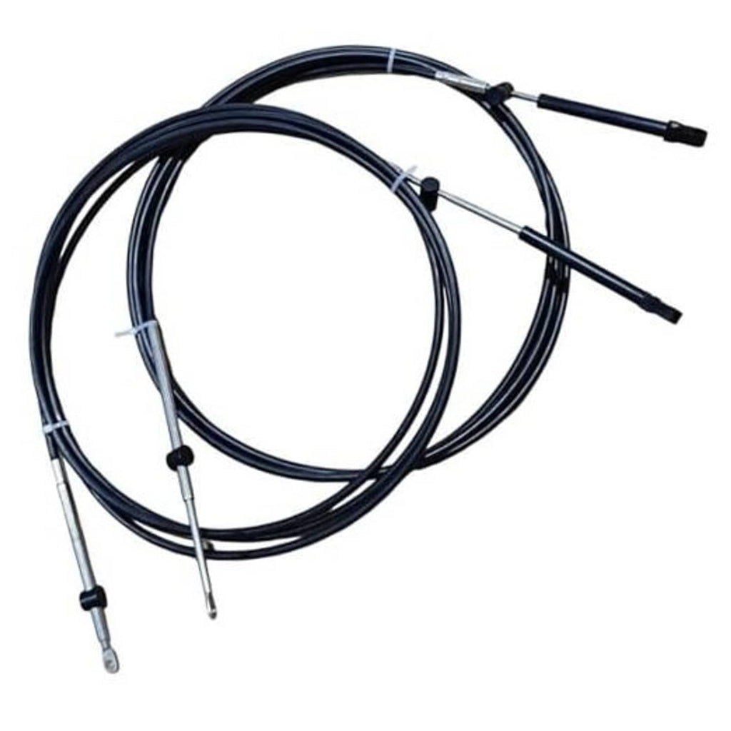 Boat throttle and shift control cables with black sheathed lines and metal end fittings
