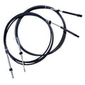 Boat throttle and shift control cables with black sheathed lines and metal end fittings