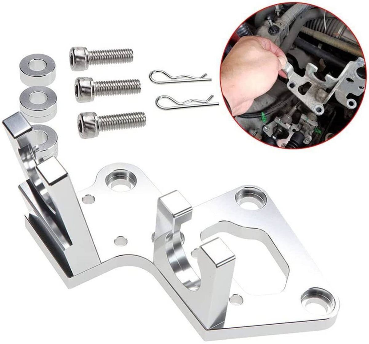 Trans shifter cable bracket assembly kit with bolts, washers, and clip parts