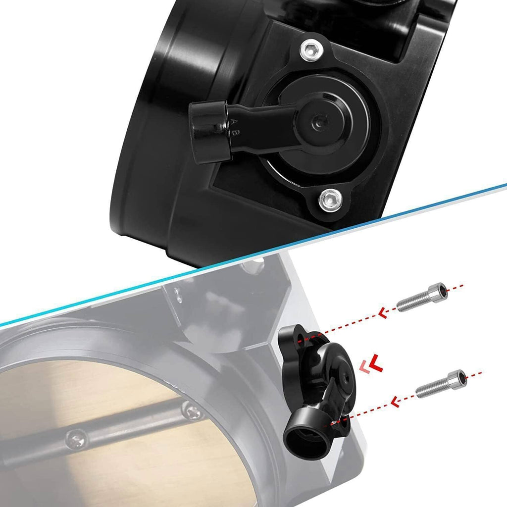 Throttle body mounting bracket with installed sensor and black electrical connector