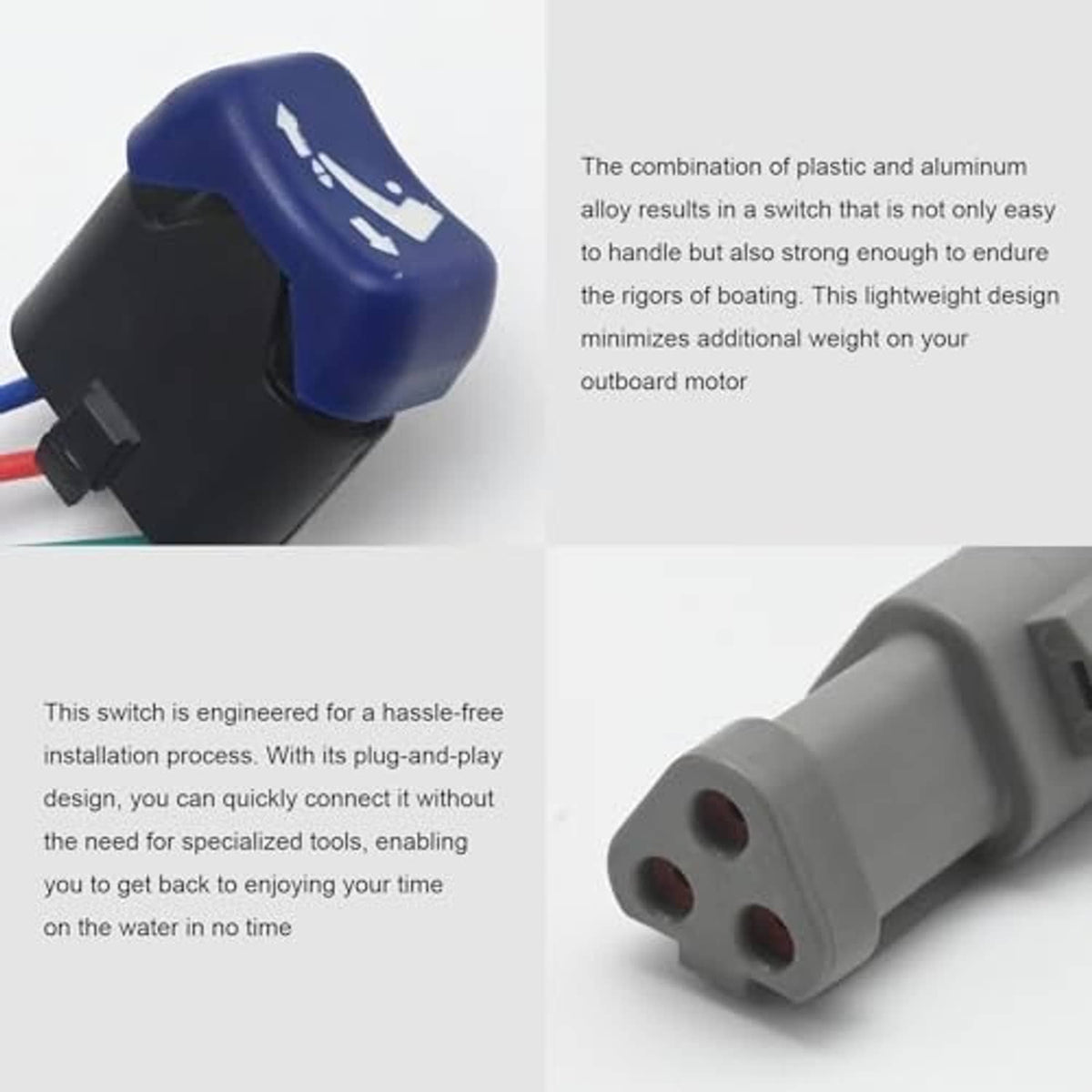 Grey tilt switch connector housing with red wire terminals and blue plastic cap