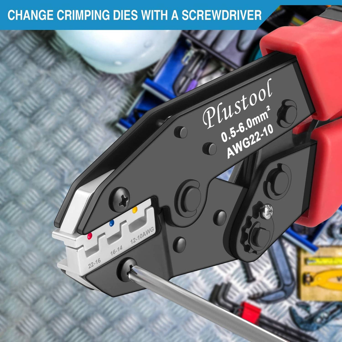 Ratcheting wire crimper with removable die and AWG22-10 marking on the jaw