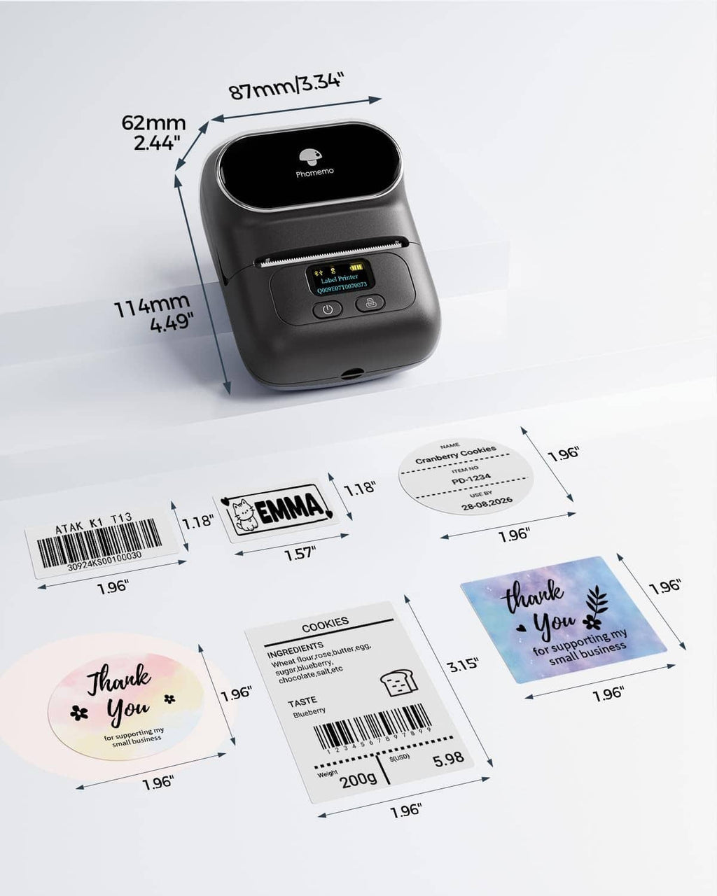 Thermal label maker with size measurements and multiple example label prints