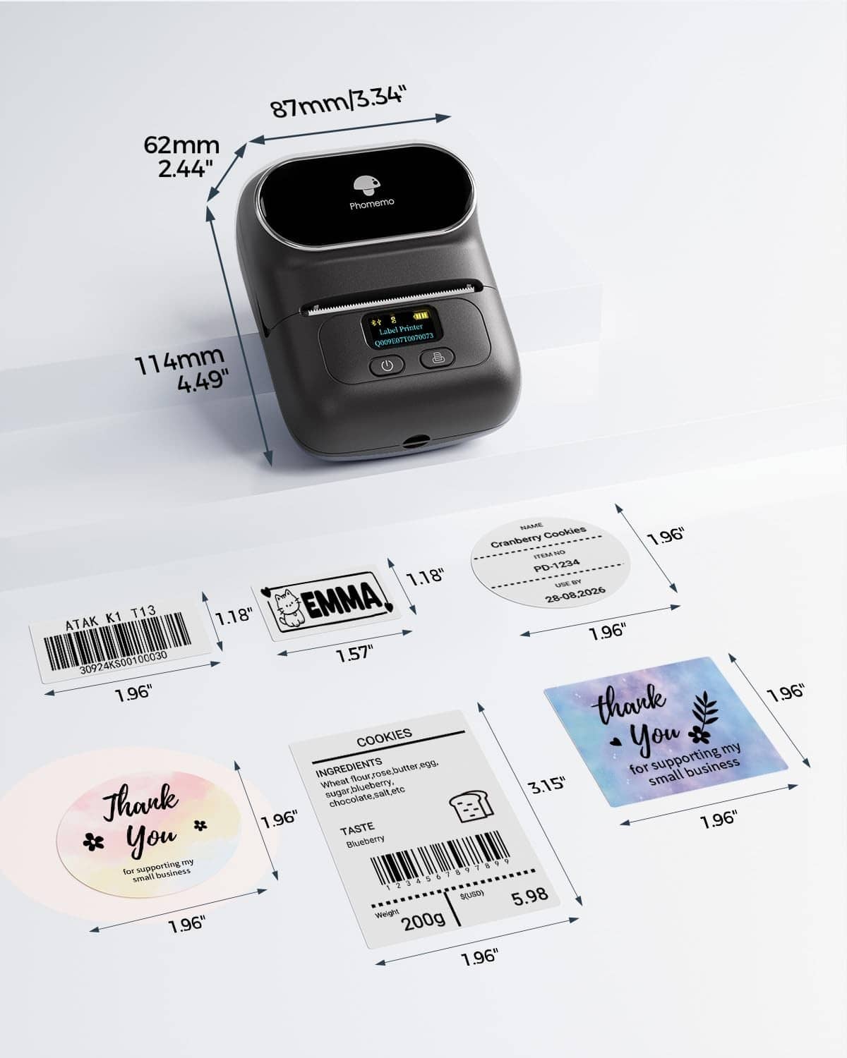 Thermal label maker with size measurements and multiple example label prints
