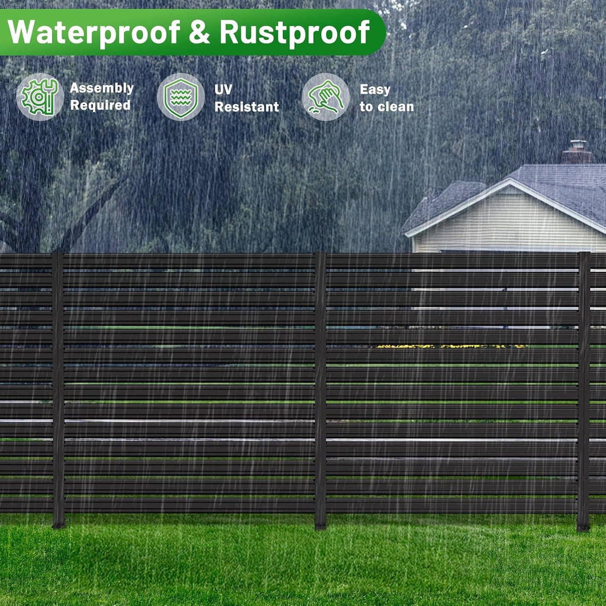 Black metal privacy fence screen panel with horizontal slats and sturdy corner frame.