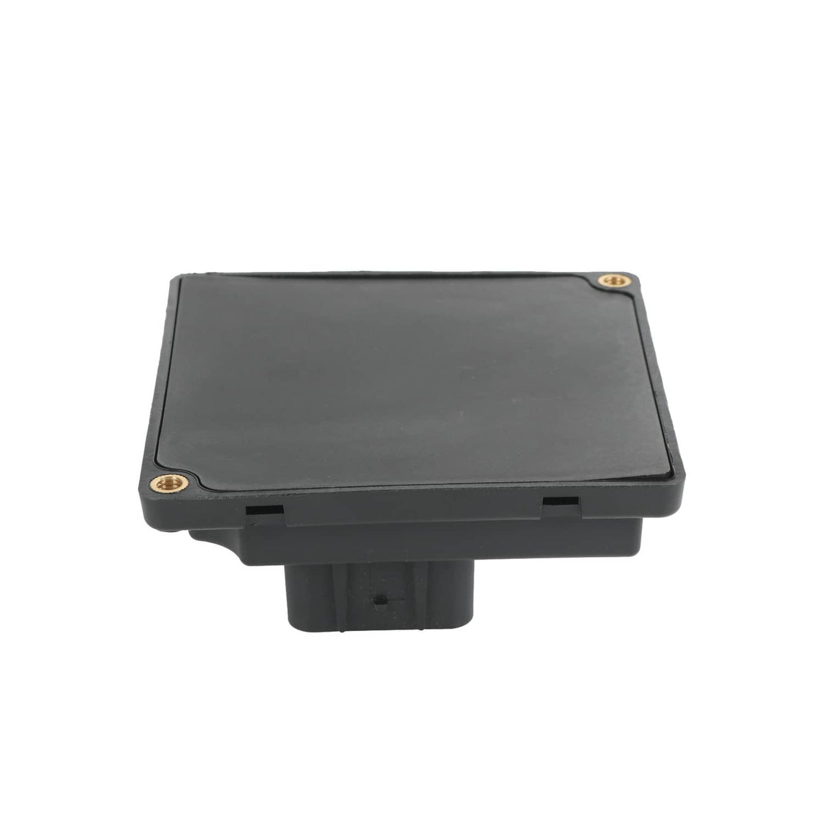 Black relay module with recessed connector opening and mounting corner screws