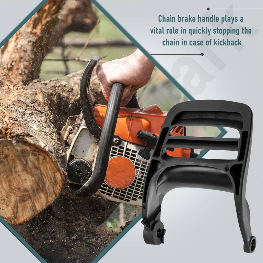 Black chain brake handle on chainsaw body, curved vented guard design