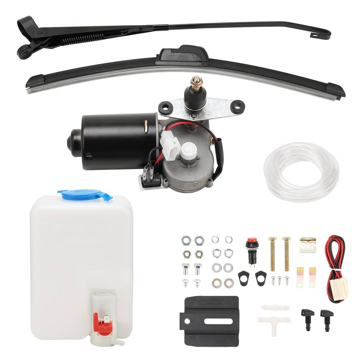 Windshield wiper motor kit with motor assembly, two wiper blades, reservoir tank, and wire harness