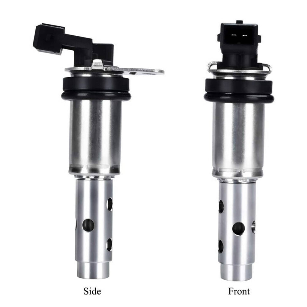 Pair of variable timing solenoid valves labeled side and front, silver body with black connector