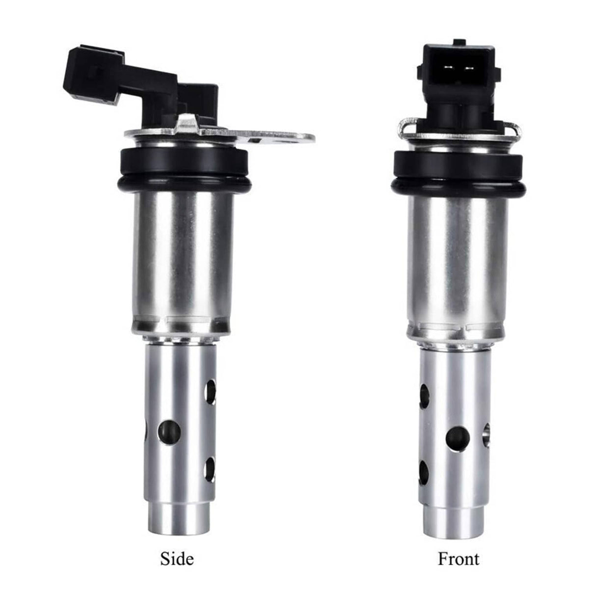Pair of variable timing solenoid valves labeled side and front, silver body with black connector