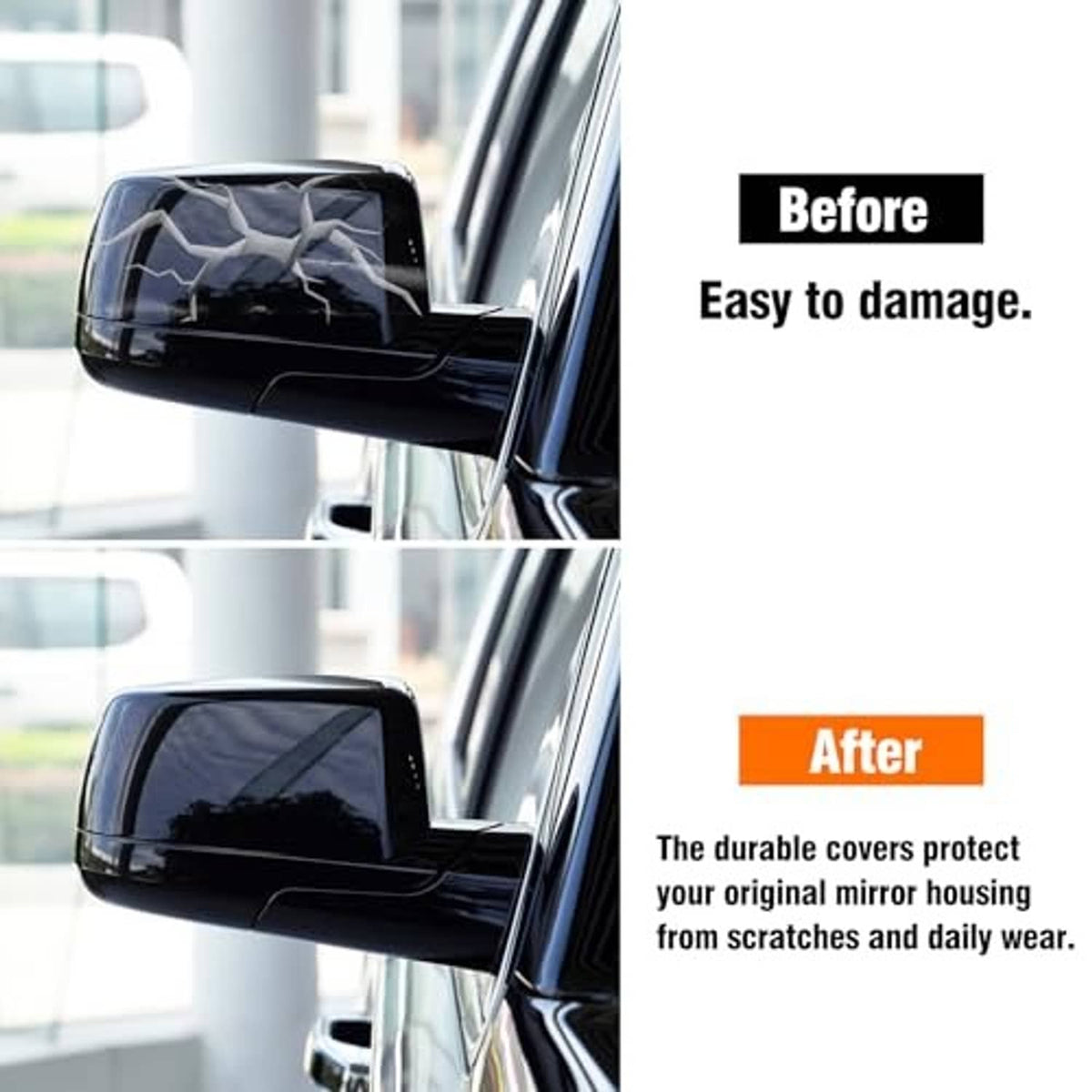 Glossy black mirror cover protecting the side mirror housing on an SUV
