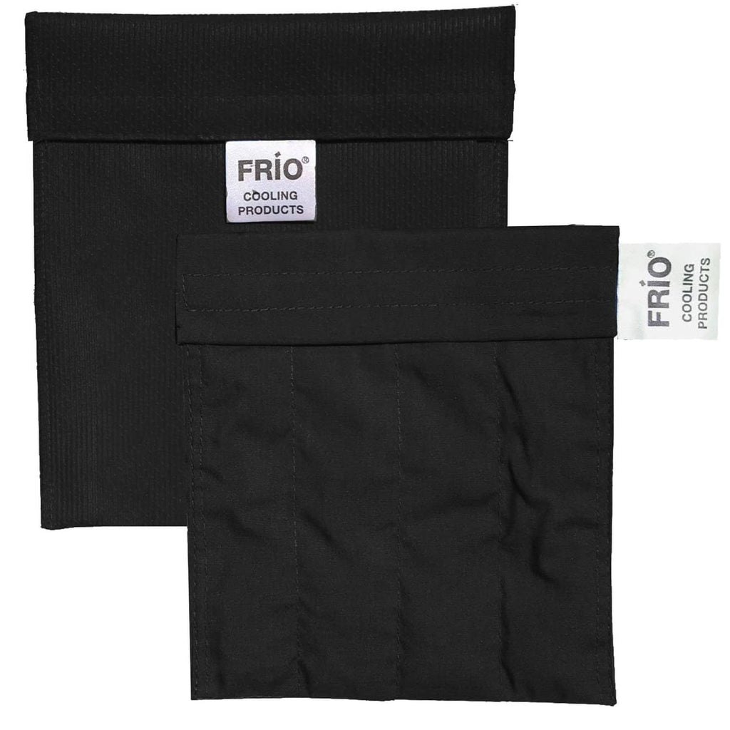 Black cooling wallet pouches, folded and flat, with FRIO Cooling Products label