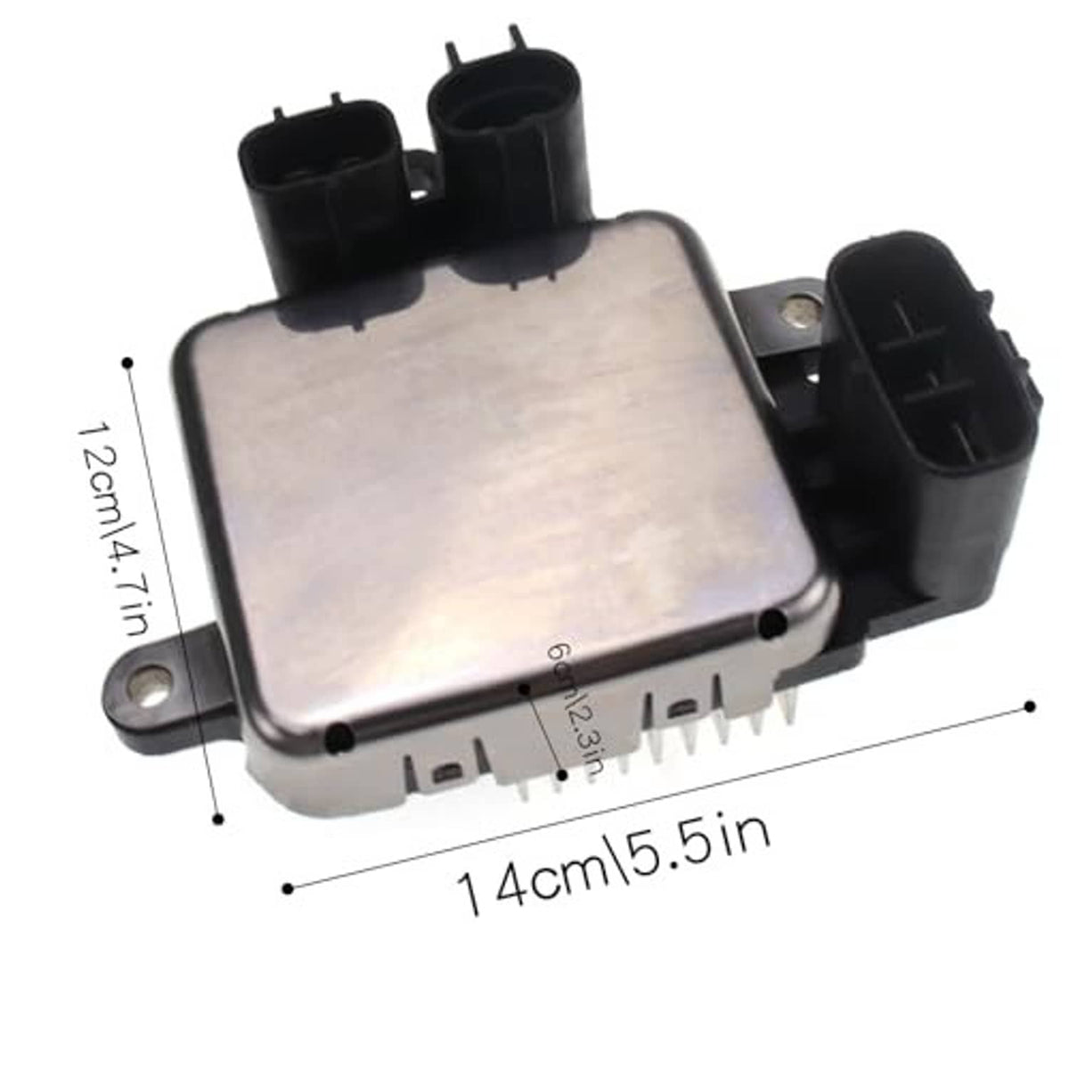 Radiator cooling fan control module with silver metal case, black top connectors, mounting tabs
