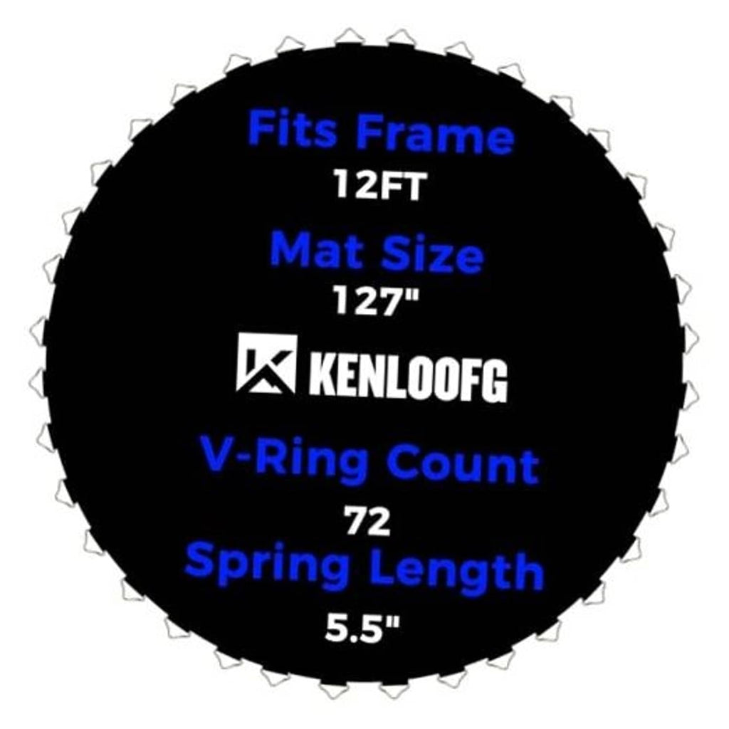 Black 12ft trampoline jumping mat with 72 V-rings and 5.5in spring length