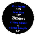 Black 12ft trampoline jumping mat with 72 V-rings and 5.5in spring length