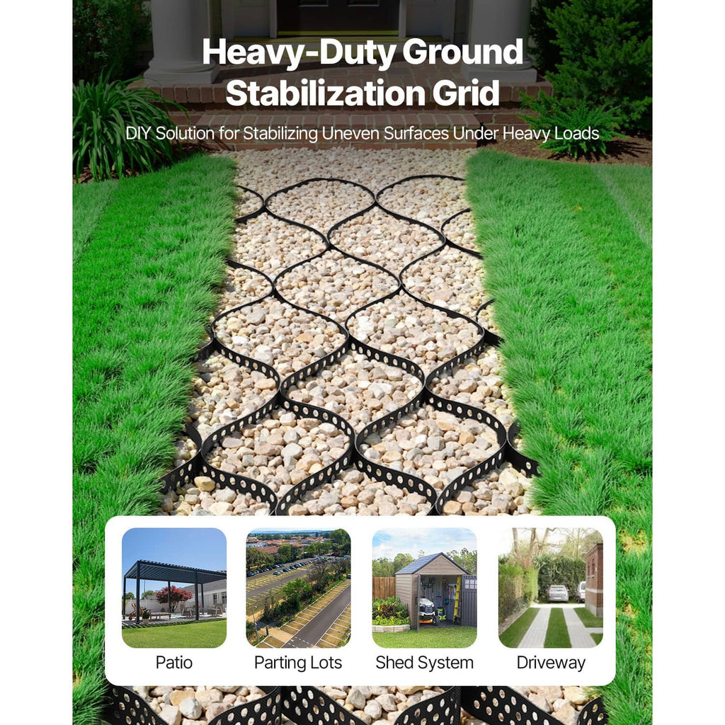 Black geocell stabilization grid filled with light gravel in a lawn bed.