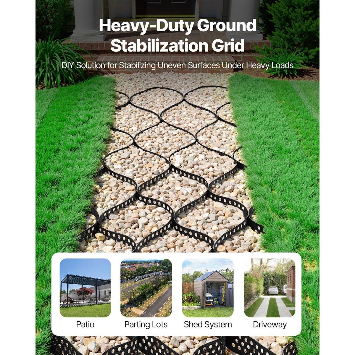 Black geocell stabilization grid filled with light gravel in a lawn bed.