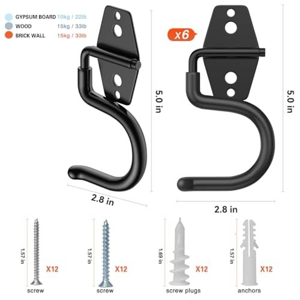 Black S hook wall hanger with mounting plate, shown with included screws and anchors