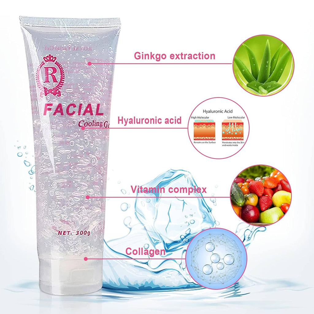 Facial cooling gel tube with illustrated ingredient icons and clear gel texture