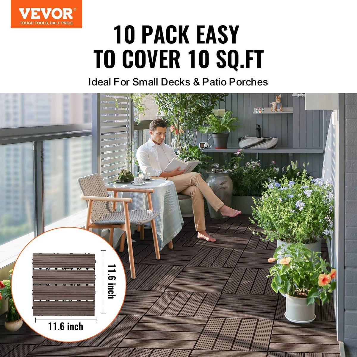 Dark brown interlocking deck tiles covering a patio, 12x12 in squares