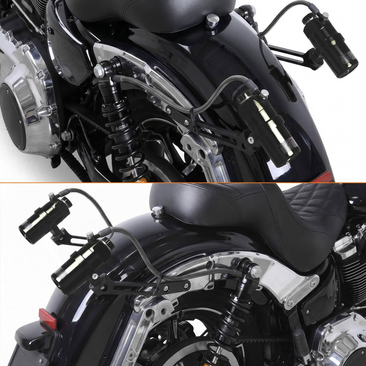 Motorcycle rear suspension with black remote reservoir shocks and chrome hardware details