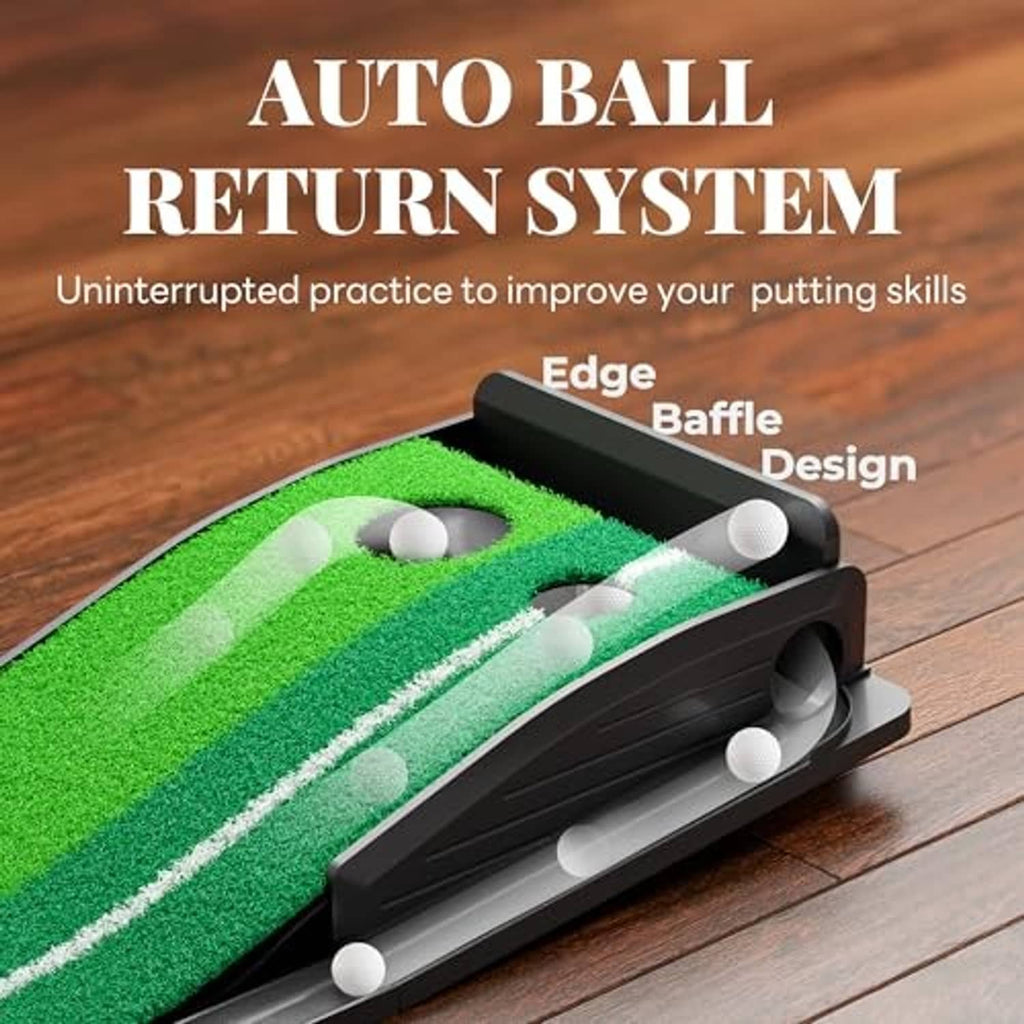 Green golf putting mat with auto-return edge baffle and practice balls near two holes